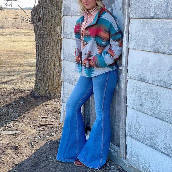 Womens Aztec Shacket Jacket Loose Vintage Boho Wool Blend Coat Button Down Shirt - Picture 3 of 9